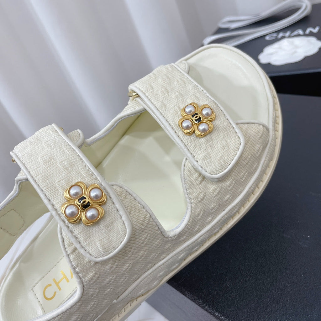 CHANEL 26S SANDALS IN CREAM WHITE TEXTURED FABRIC