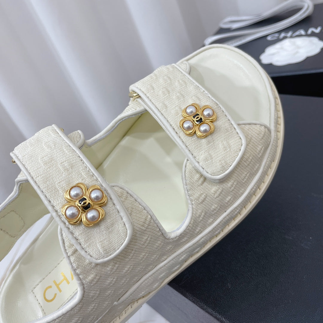 CHANEL 26S SANDALS IN CREAM WHITE TEXTURED FABRIC