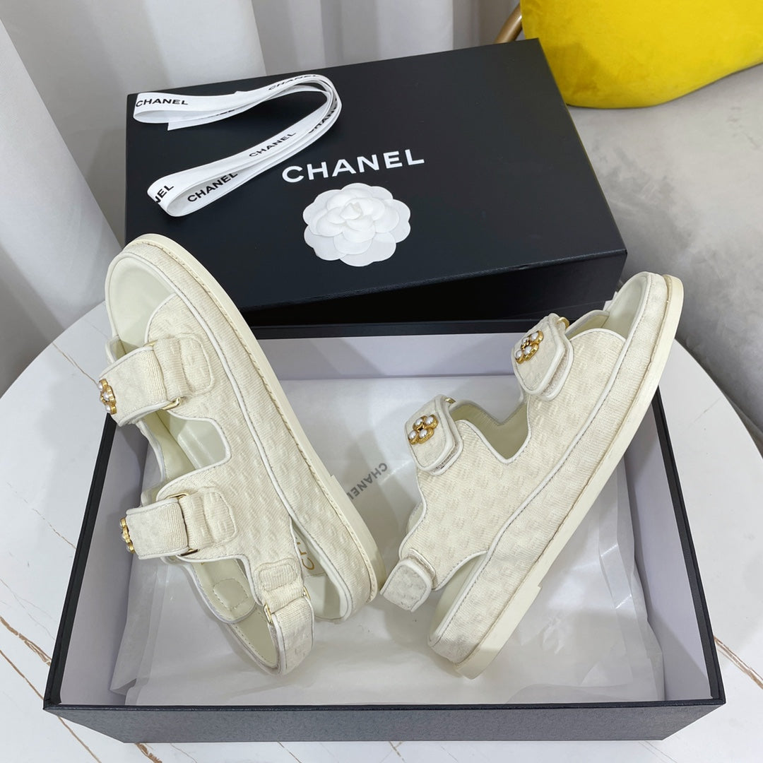 CHANEL 26S SANDALS IN CREAM WHITE TEXTURED FABRIC