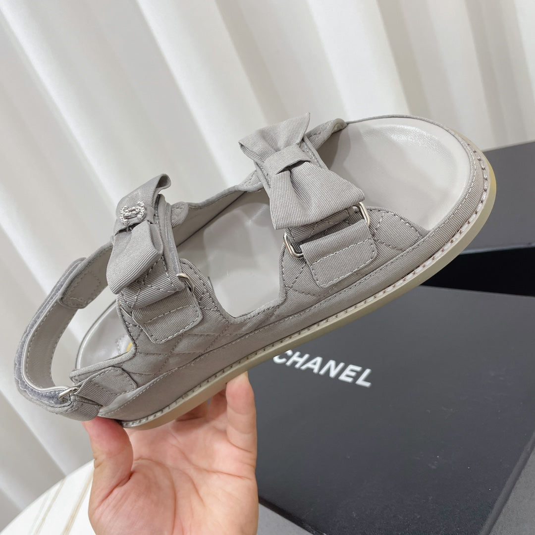 CHANEL 26S SANDALS IN GREY FABRIC BOW EMBELLISHMENT