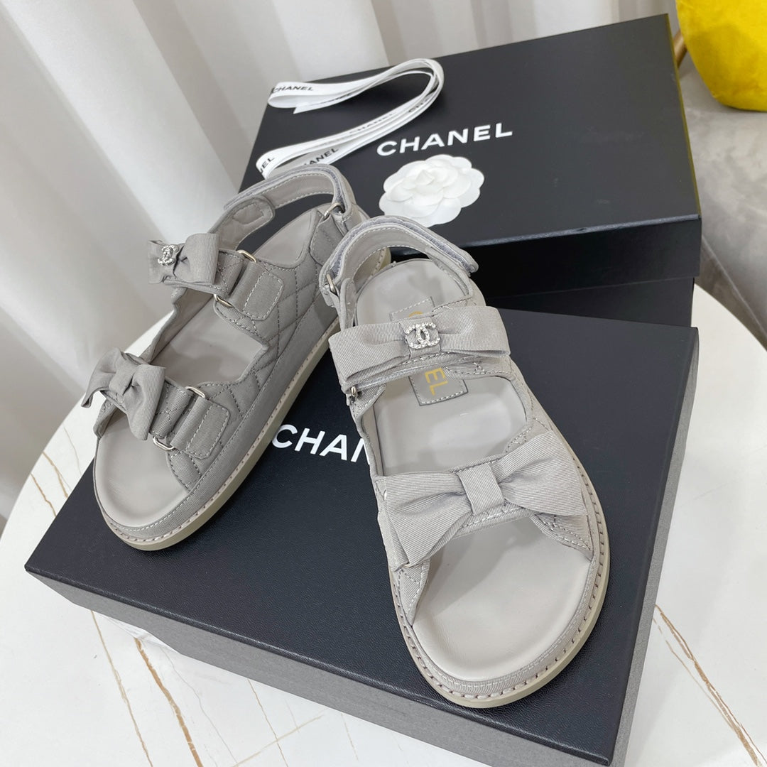 CHANEL 26S SANDALS IN GREY FABRIC BOW EMBELLISHMENT