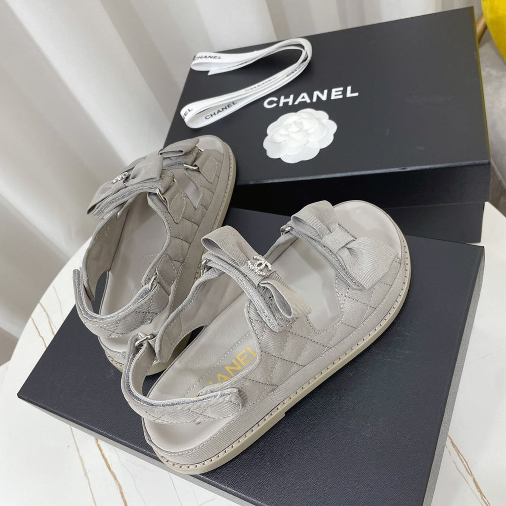 CHANEL 26S SANDALS IN GREY FABRIC BOW EMBELLISHMENT
