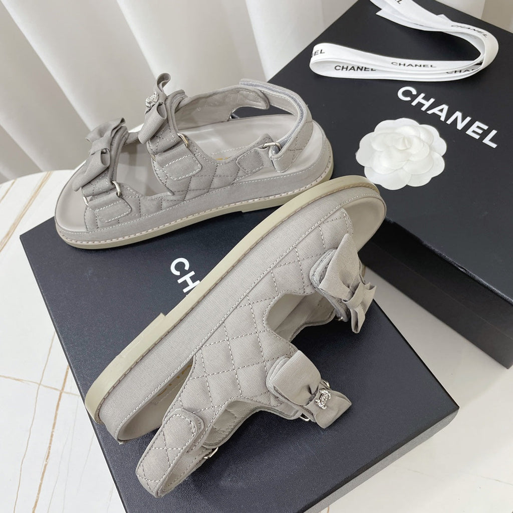 CHANEL 26S SANDALS IN GREY FABRIC BOW EMBELLISHMENT
