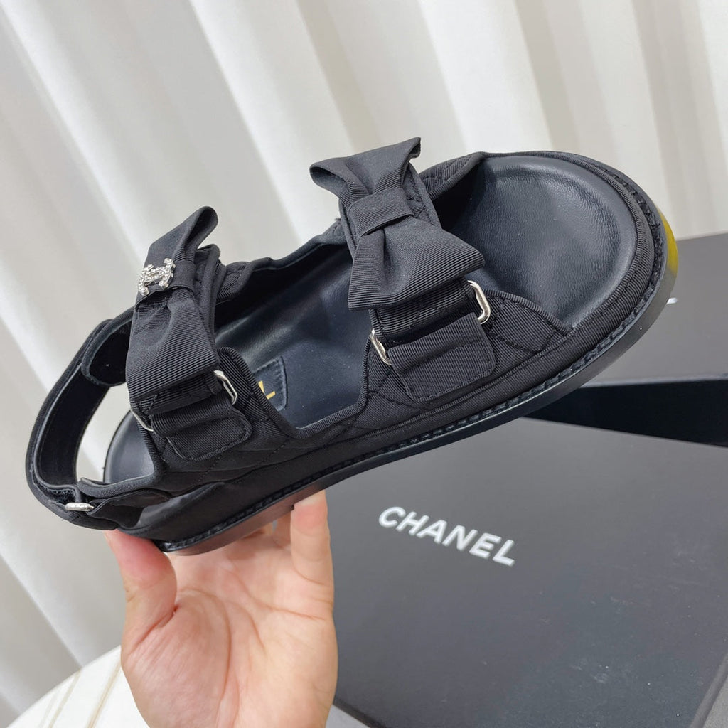 CHANEL 26S SANDALS IN BLACK FABRIC BOW EMBELLISHMENT