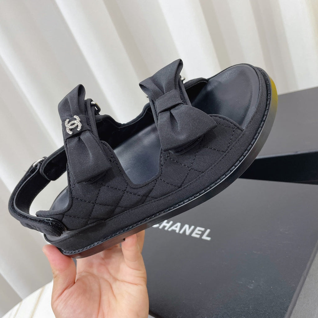 CHANEL 26S SANDALS IN BLACK FABRIC BOW EMBELLISHMENT