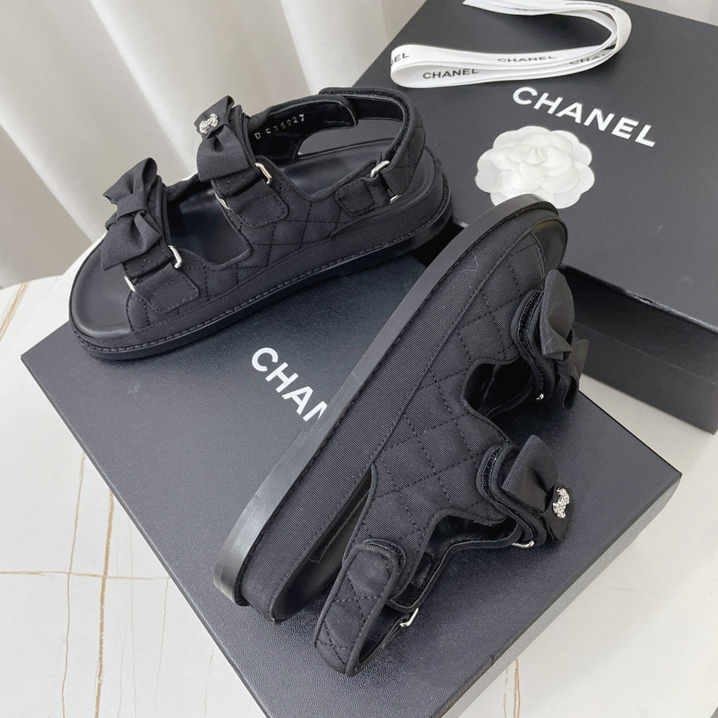 CHANEL 26S SANDALS IN BLACK FABRIC BOW EMBELLISHMENT