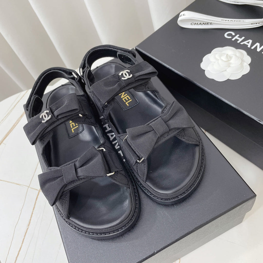 CHANEL 26S SANDALS IN BLACK FABRIC BOW EMBELLISHMENT