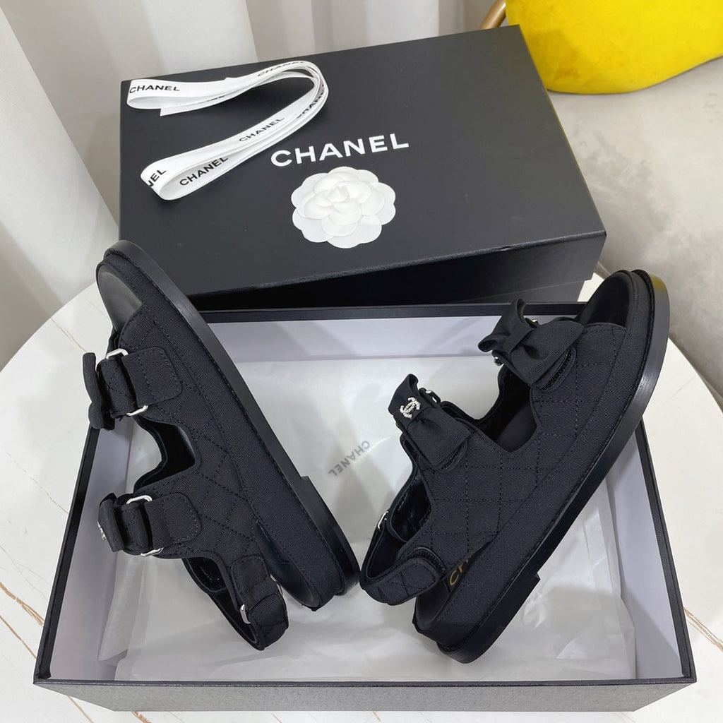 CHANEL 26S SANDALS IN BLACK FABRIC BOW EMBELLISHMENT