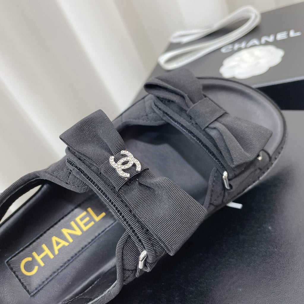 CHANEL 26S SANDALS IN BLACK FABRIC BOW EMBELLISHMENT