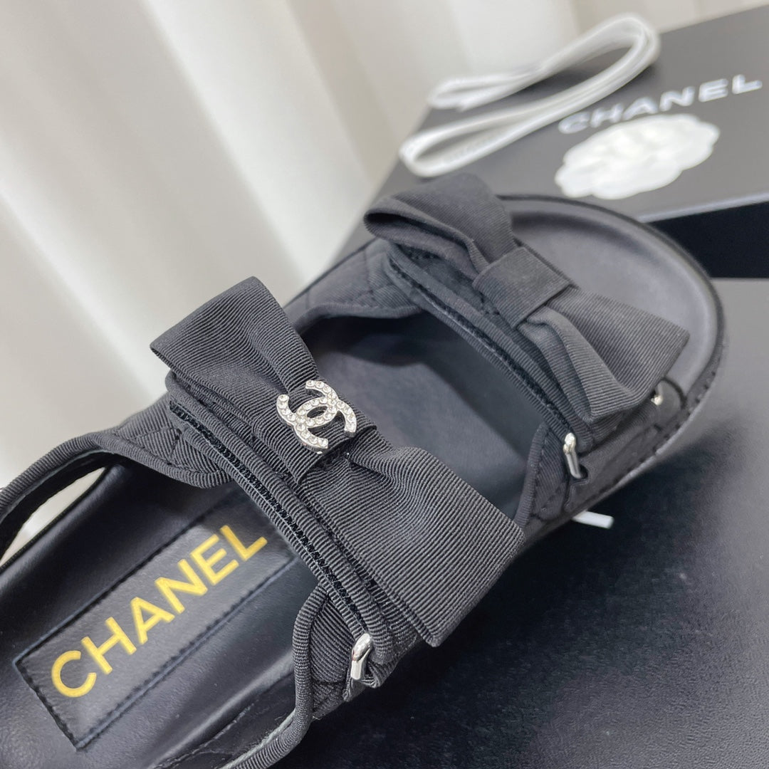 CHANEL 26S SANDALS IN BLACK FABRIC BOW EMBELLISHMENT
