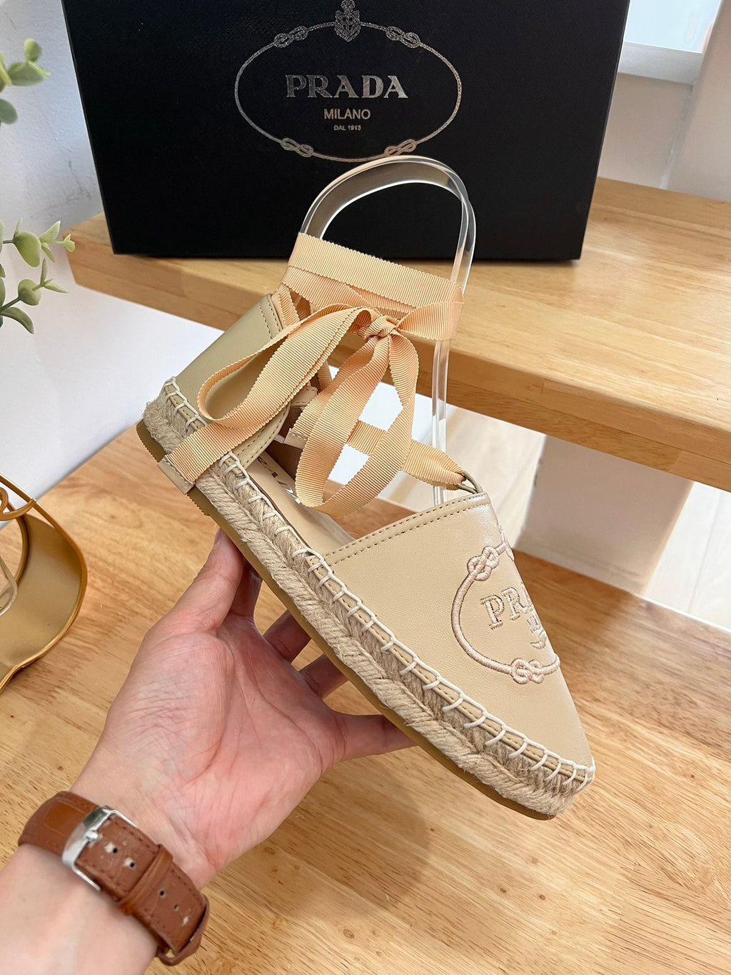 PRADA 26S LACE UP ESPADRILLE FLATS IN BEIGE CALFSKIN