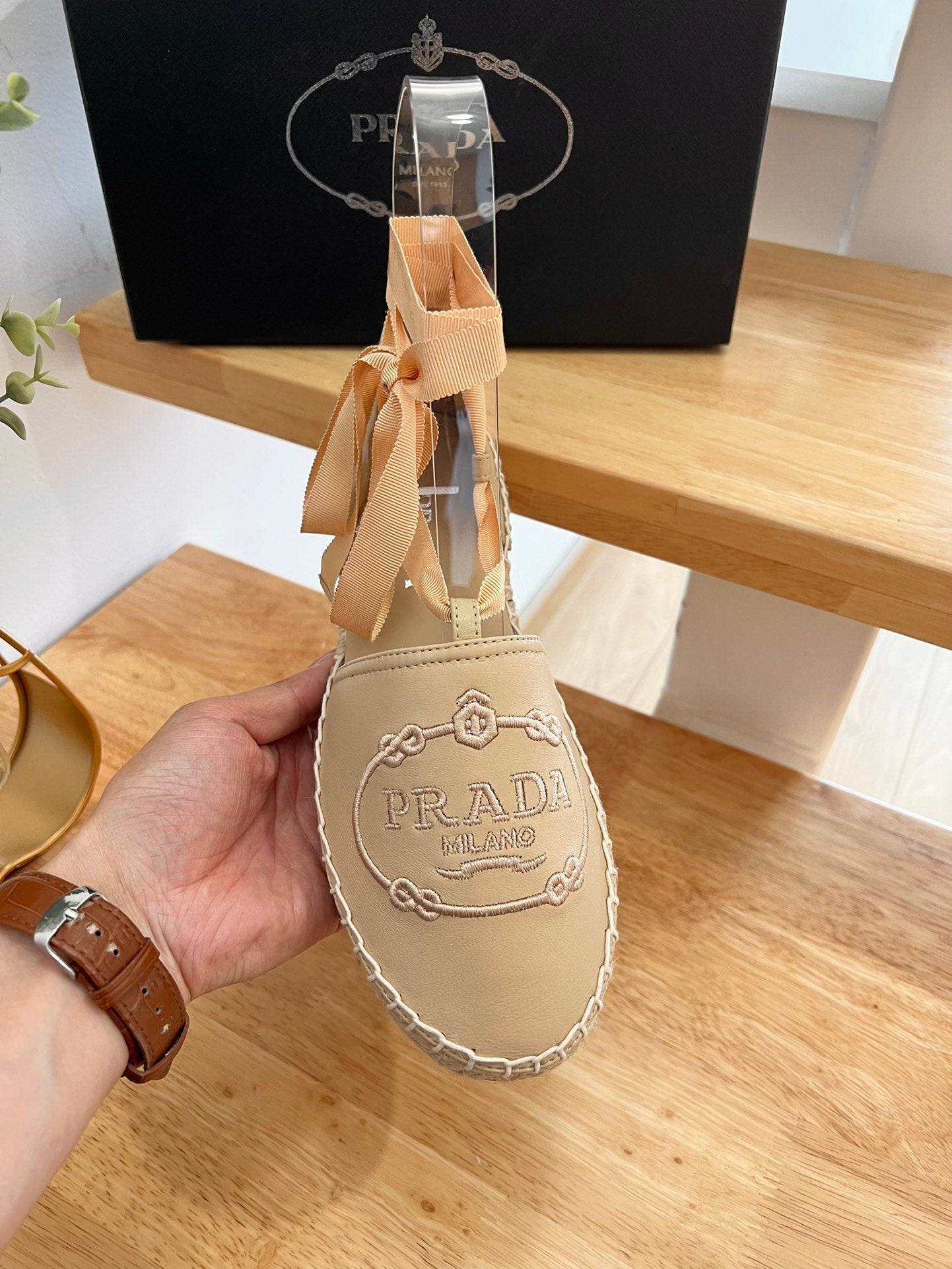 PRADA 26S LACE UP ESPADRILLE FLATS IN BEIGE CALFSKIN