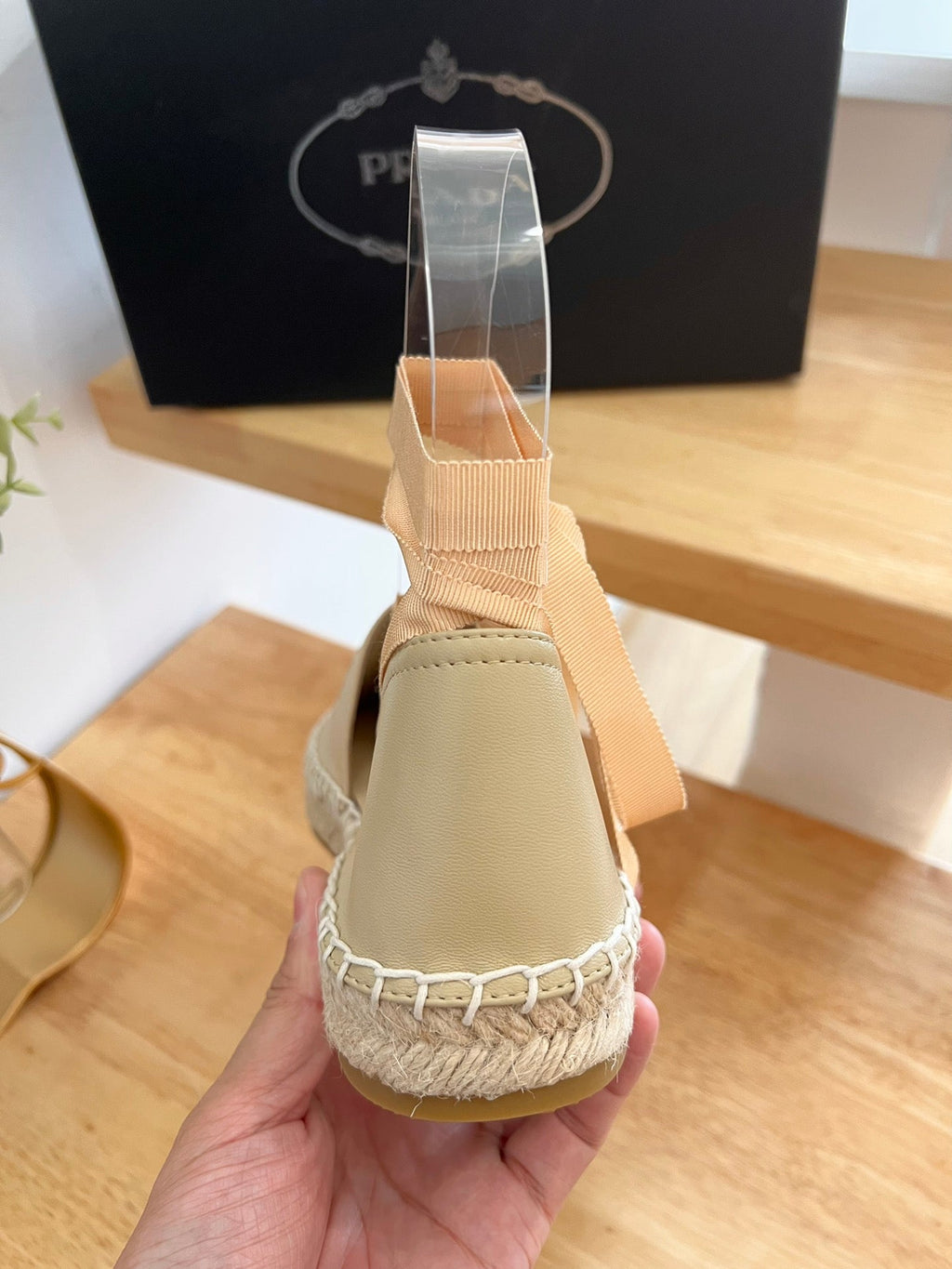 PRADA 26S LACE UP ESPADRILLE FLATS IN BEIGE CALFSKIN