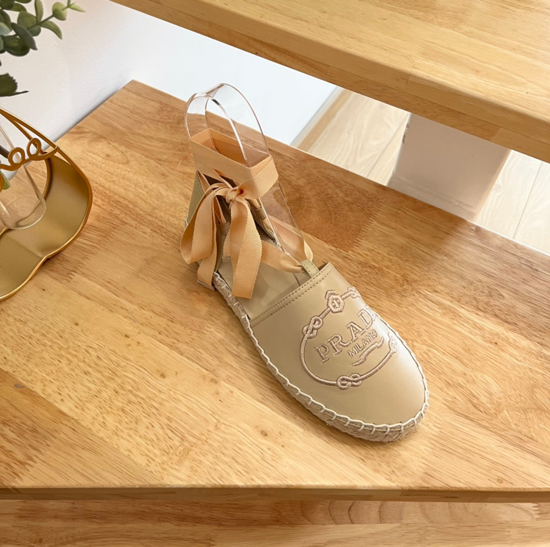 PRADA 26S LACE UP ESPADRILLE FLATS IN BEIGE CALFSKIN