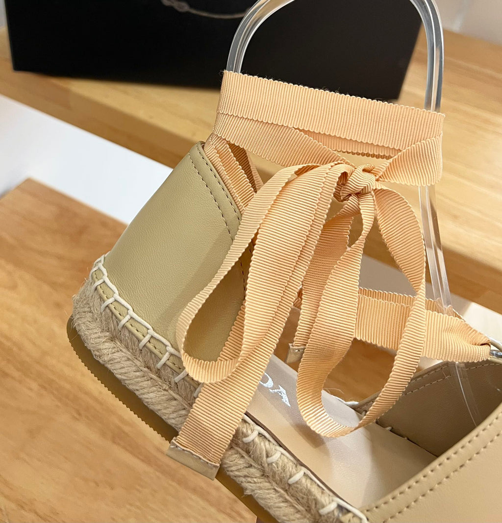PRADA 26S LACE UP ESPADRILLE FLATS IN BEIGE CALFSKIN