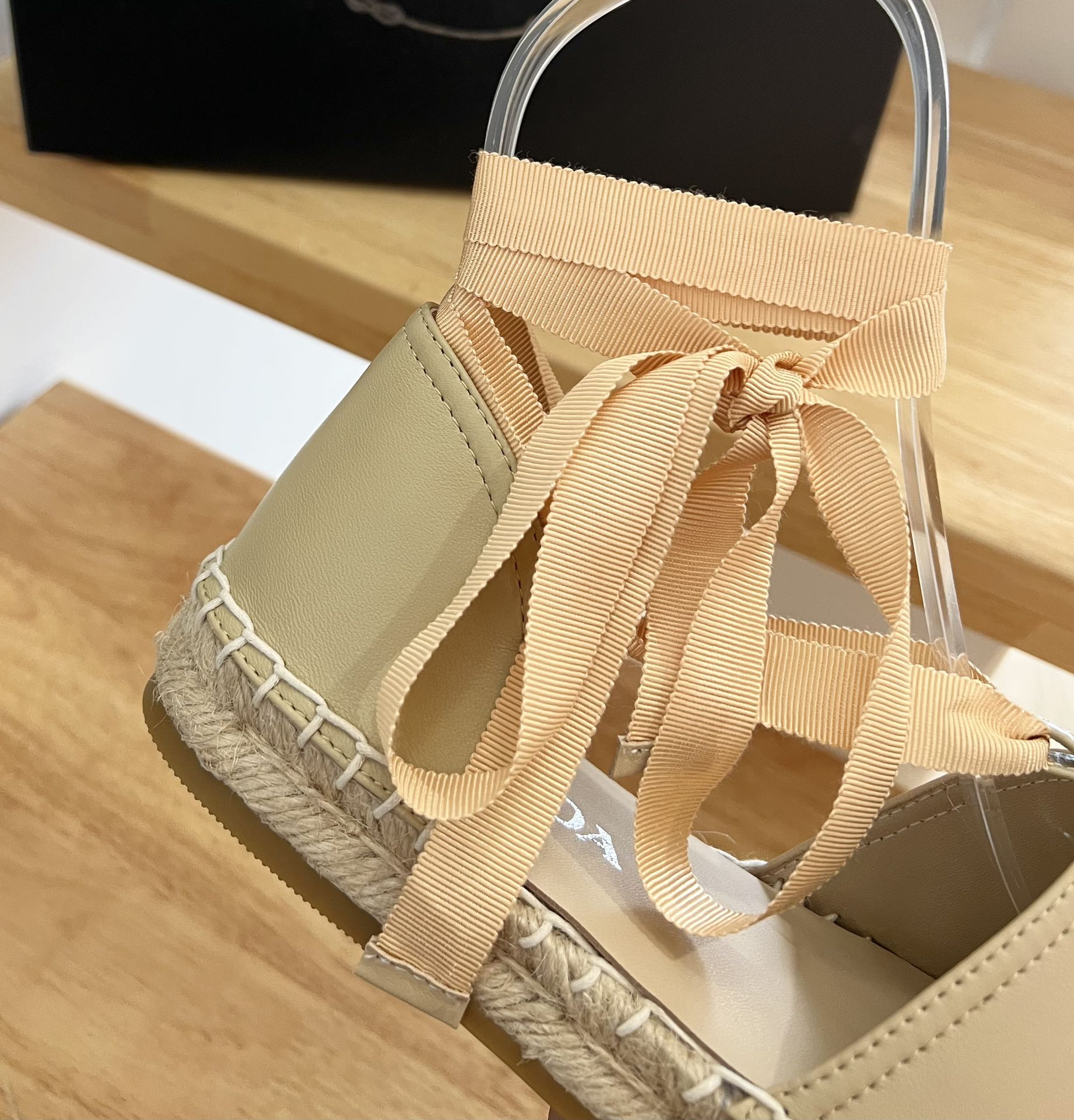 PRADA 26S LACE UP ESPADRILLE FLATS IN BEIGE CALFSKIN