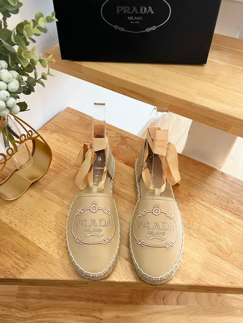 PRADA 26S LACE UP ESPADRILLE FLATS IN BEIGE CALFSKIN