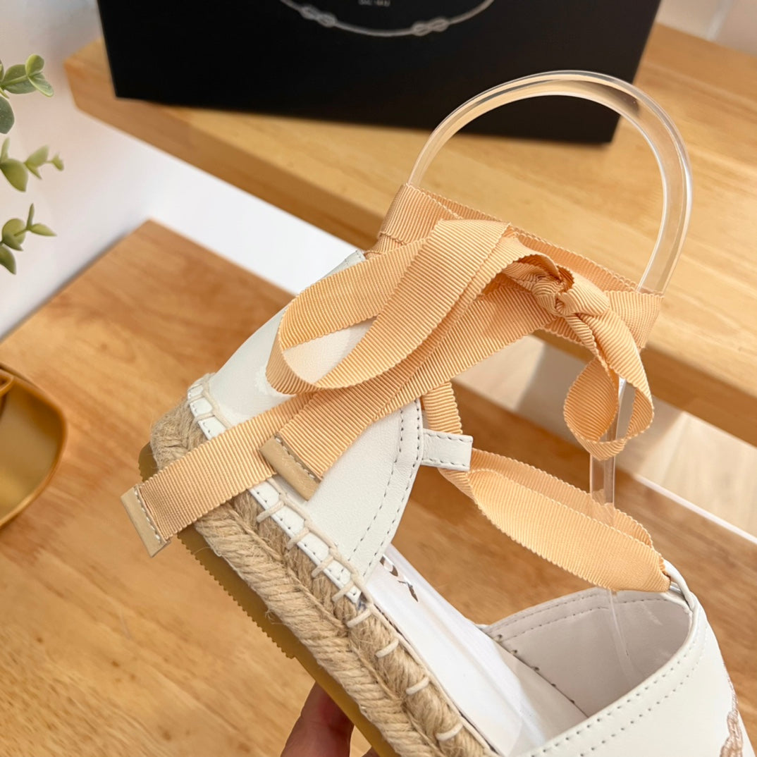 PRADA 26S LACE UP ESPADRILLE FLATS IN CREAM WHITE CALFSKIN
