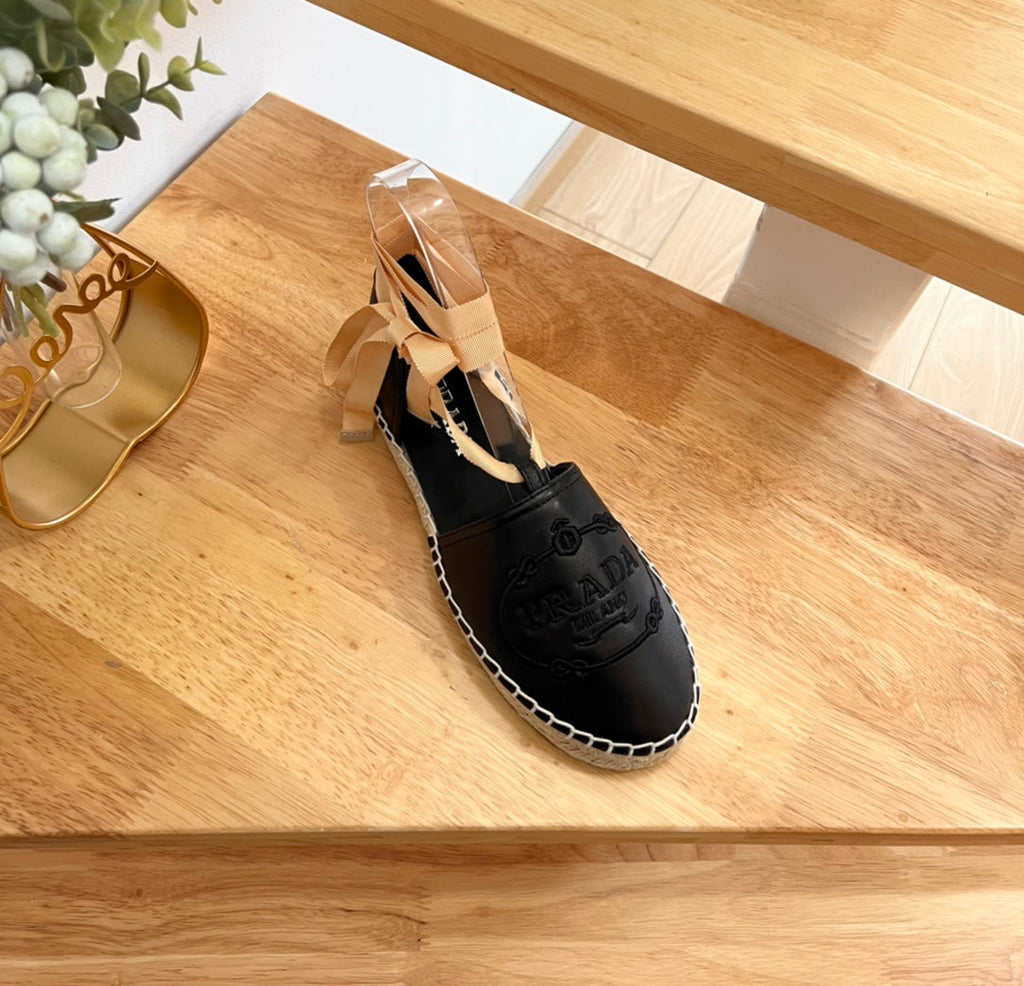 PRADA 26S LACE UP ESPADRILLE FLATS IN BLACK CALFSKIN