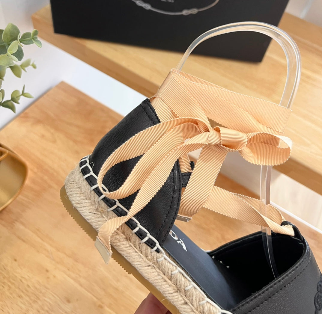 PRADA 26S LACE UP ESPADRILLE FLATS IN BLACK CALFSKIN