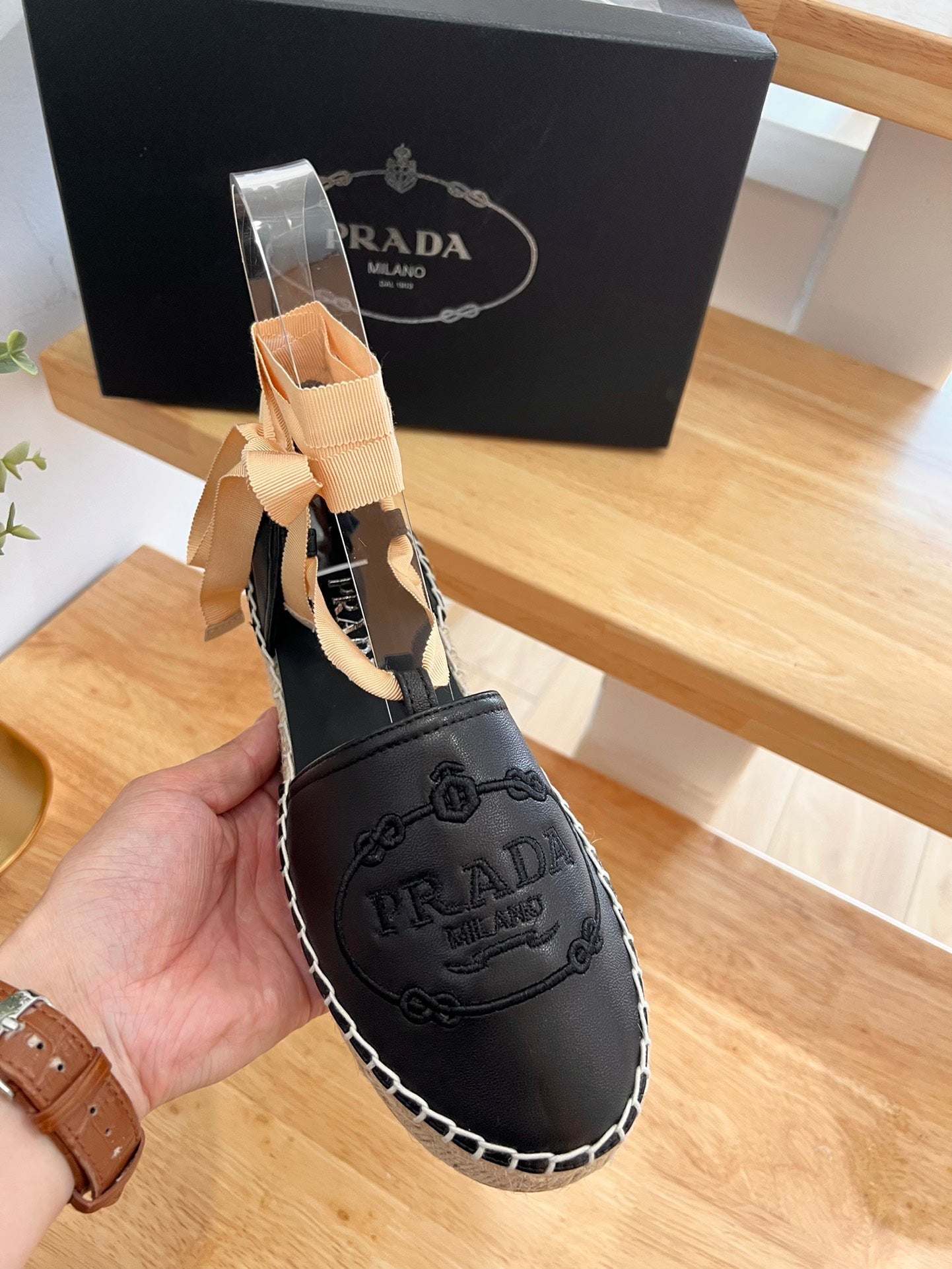 PRADA 26S LACE UP ESPADRILLE FLATS IN BLACK CALFSKIN