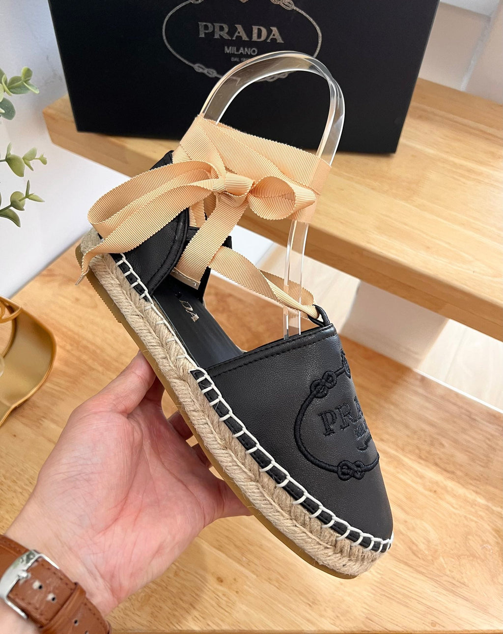 PRADA 26S LACE UP ESPADRILLE FLATS IN BLACK CALFSKIN