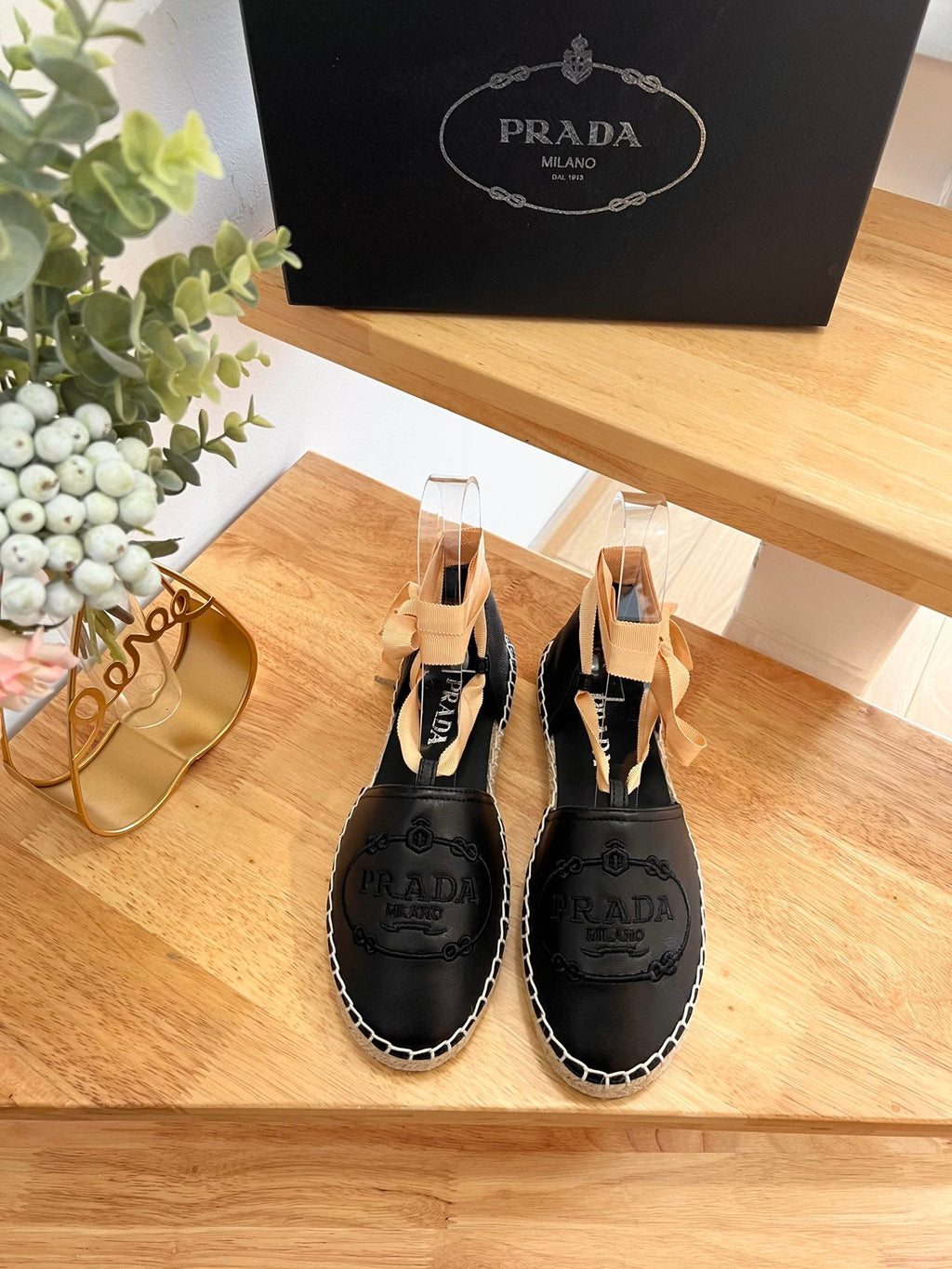 PRADA 26S LACE UP ESPADRILLE FLATS IN BLACK CALFSKIN