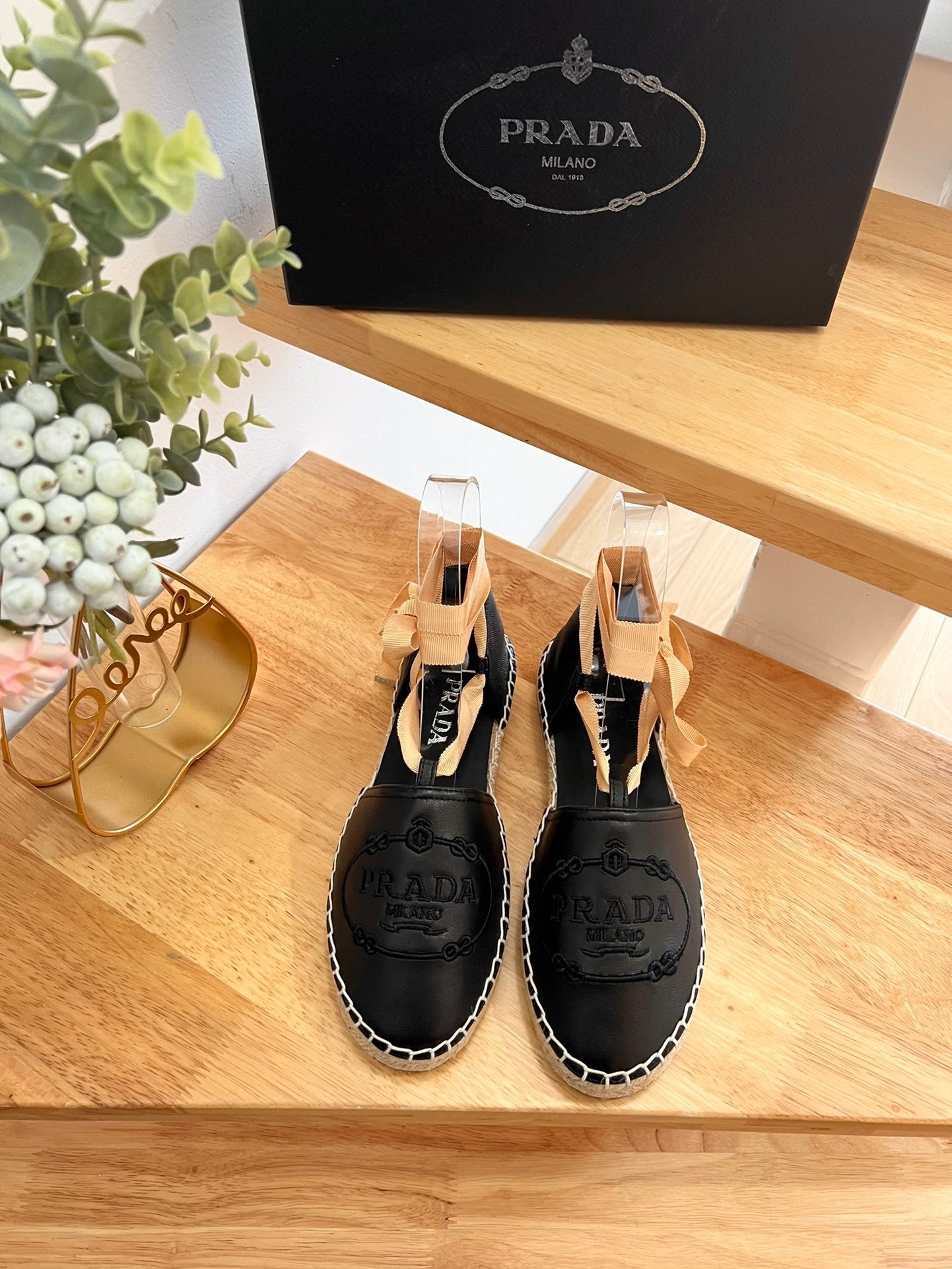 PRADA 26S LACE UP ESPADRILLE FLATS IN BLACK CALFSKIN