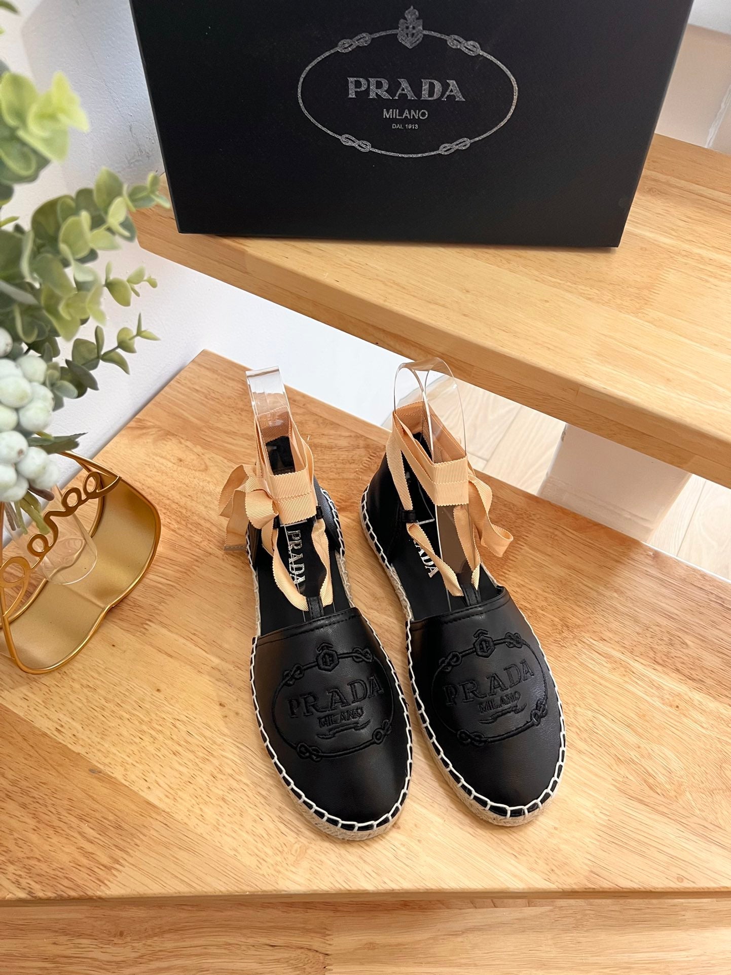 PRADA 26S LACE UP ESPADRILLE FLATS IN BLACK CALFSKIN