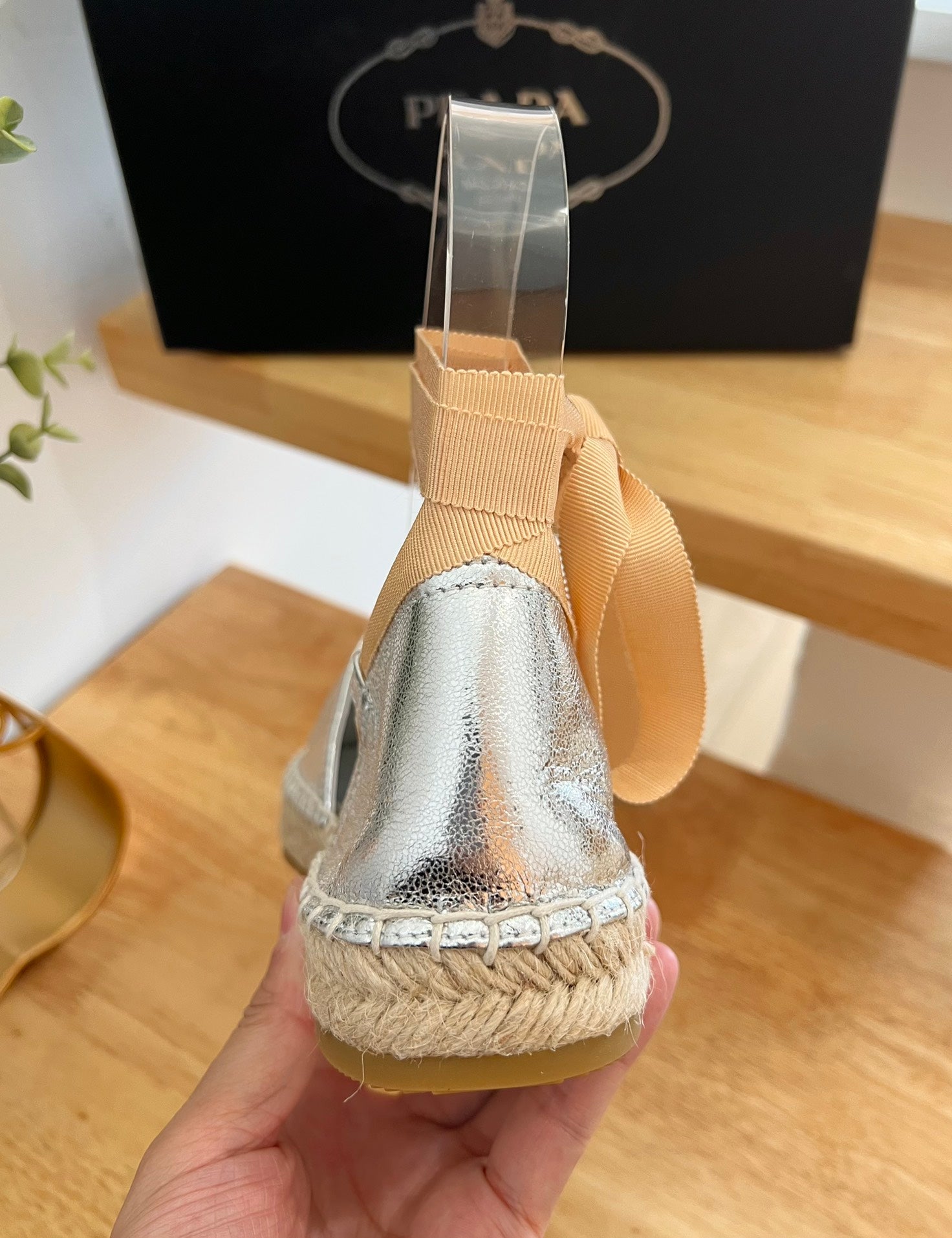 PRADA 26S LACE UP ESPADRILLE FLATS IN SILVER CALFSKIN