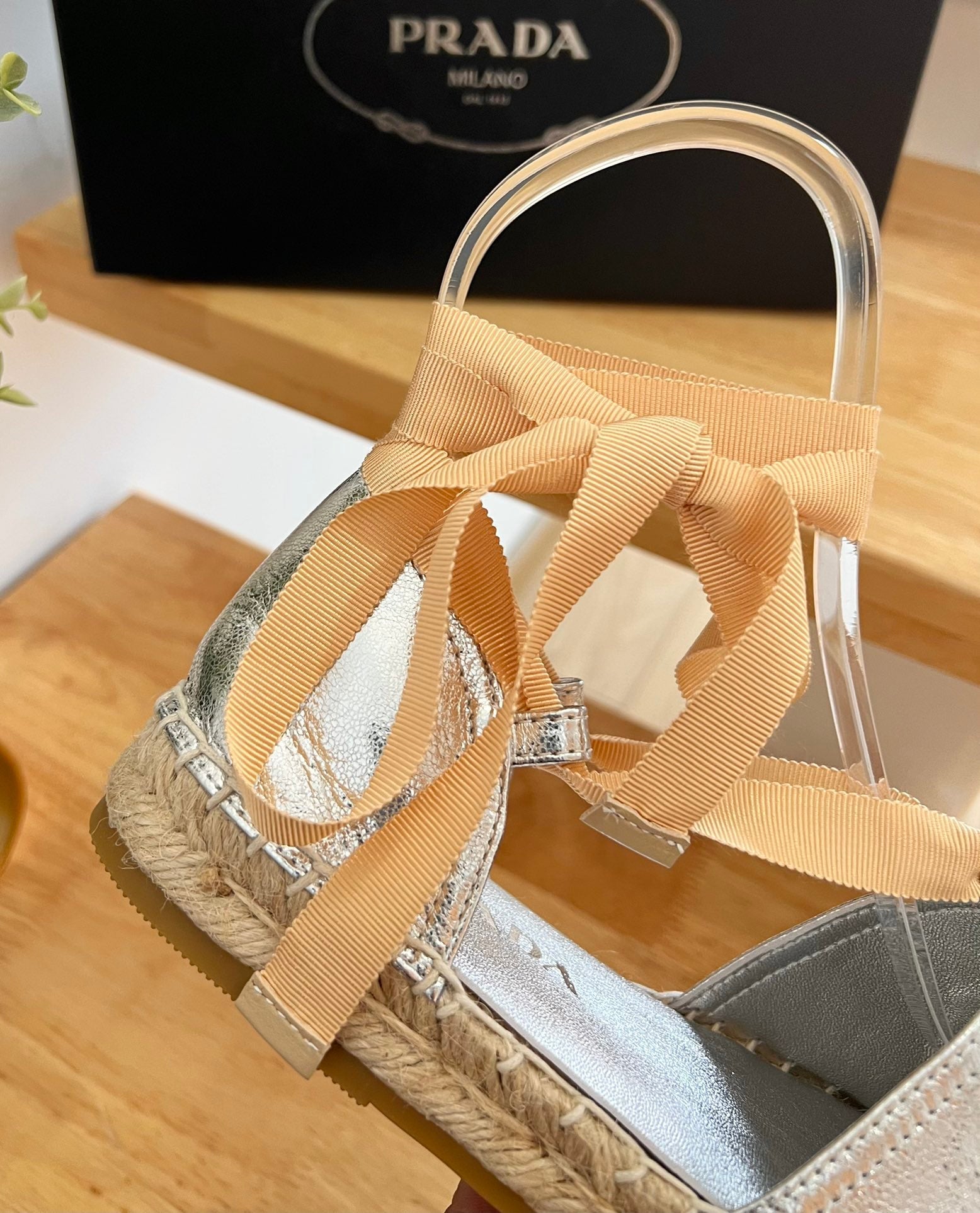 PRADA 26S LACE UP ESPADRILLE FLATS IN SILVER CALFSKIN