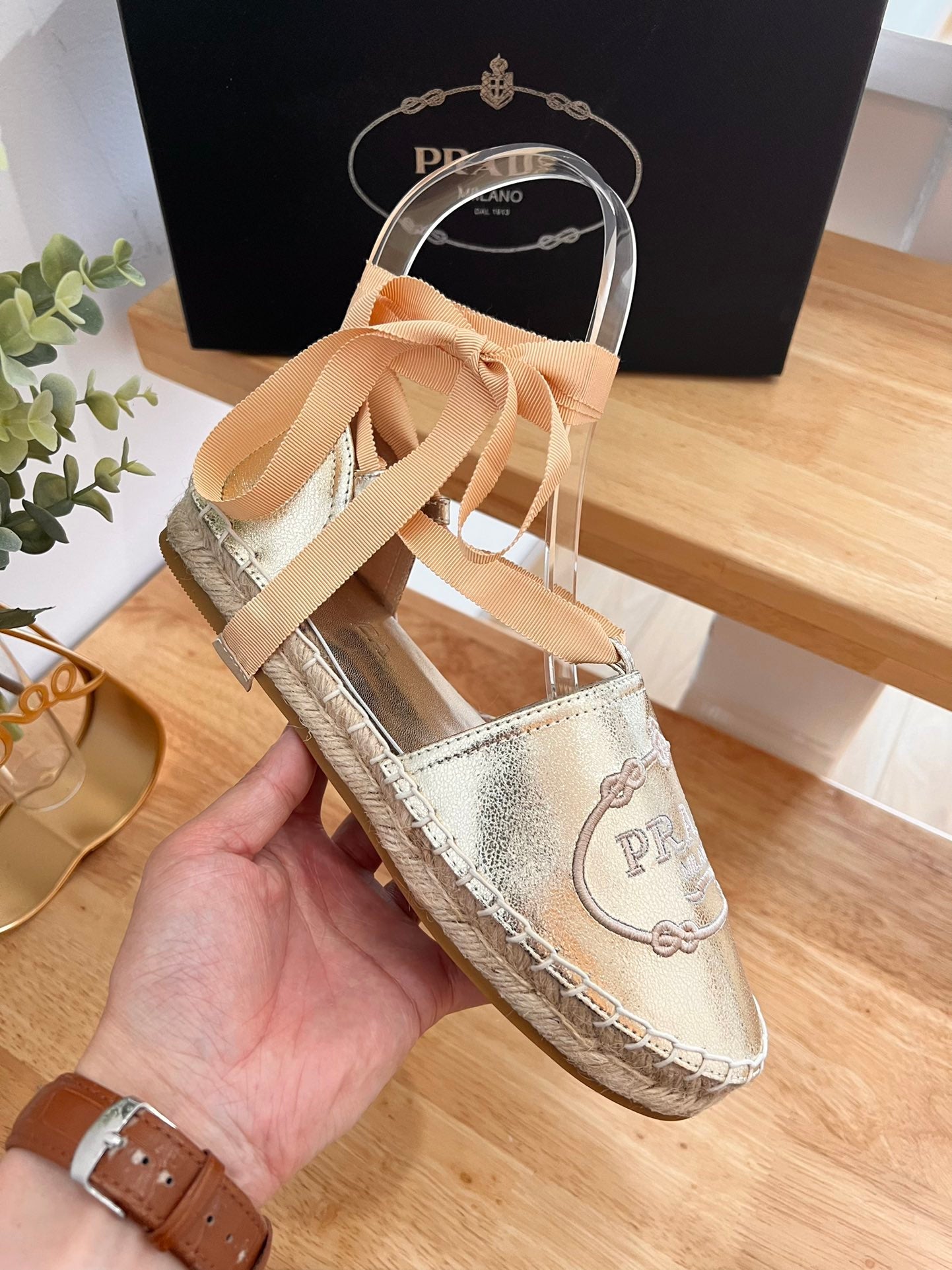 PRADA 26S LACE UP ESPADRILLE FLATS IN GOLD CALFSKIN