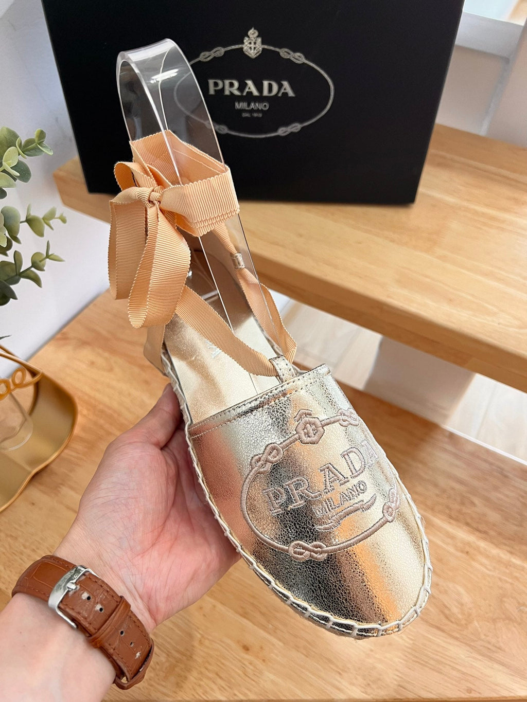 PRADA 26S LACE UP ESPADRILLE FLATS IN GOLD CALFSKIN
