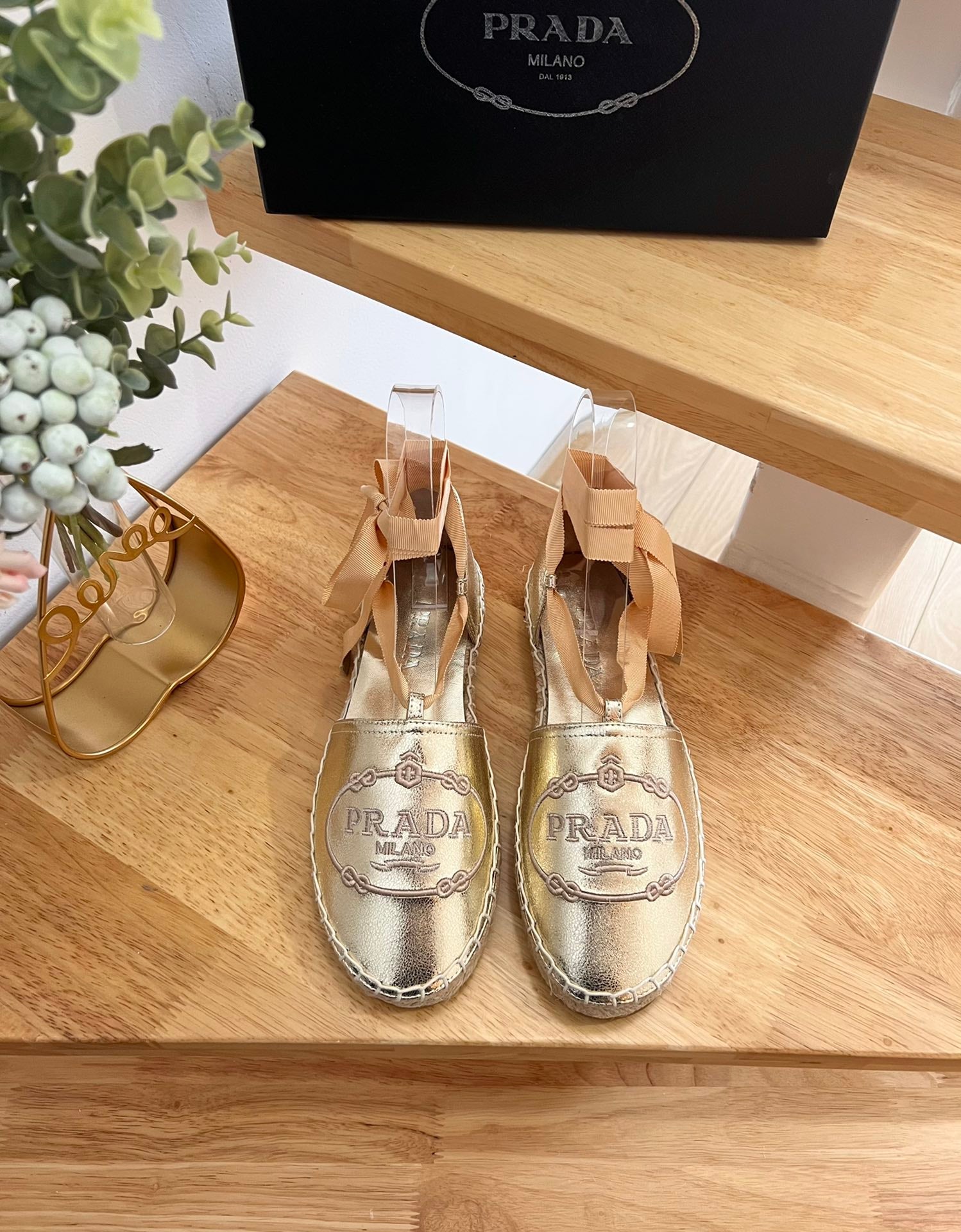 PRADA 26S LACE UP ESPADRILLE FLATS IN GOLD CALFSKIN