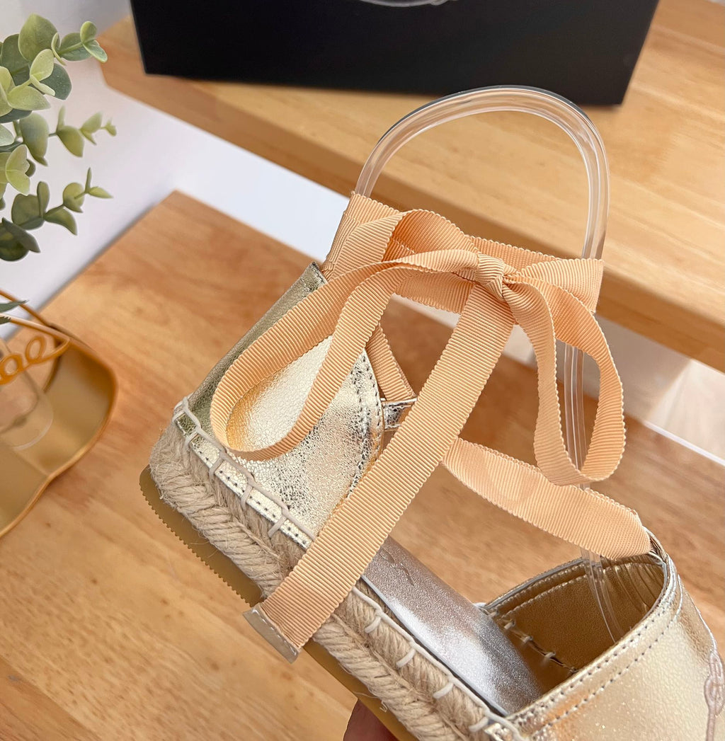 PRADA 26S LACE UP ESPADRILLE FLATS IN GOLD CALFSKIN