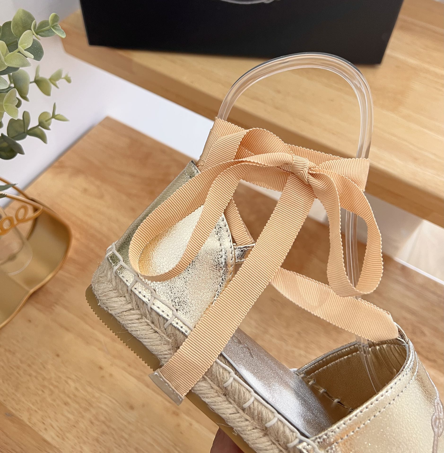 PRADA 26S LACE UP ESPADRILLE FLATS IN GOLD CALFSKIN
