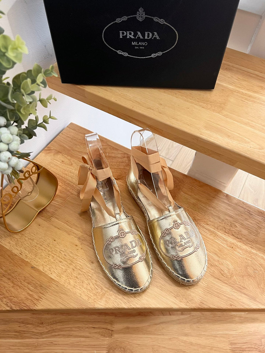 PRADA 26S LACE UP ESPADRILLE FLATS IN GOLD CALFSKIN