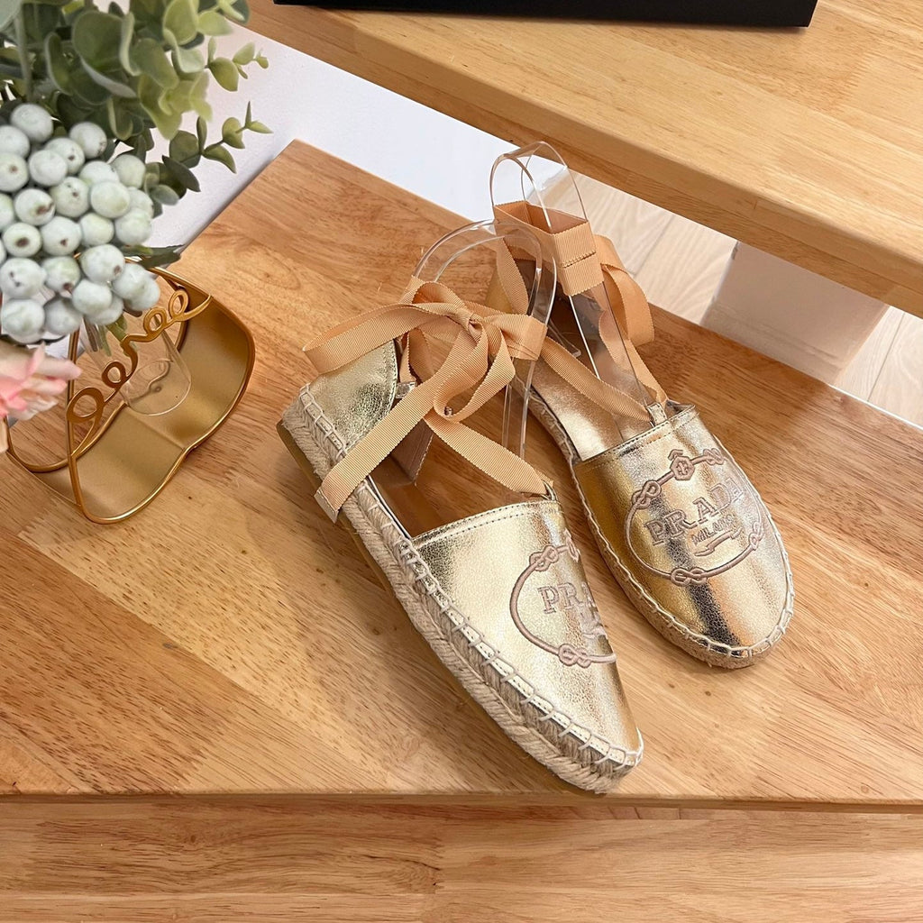 PRADA 26S LACE UP ESPADRILLE FLATS IN GOLD CALFSKIN
