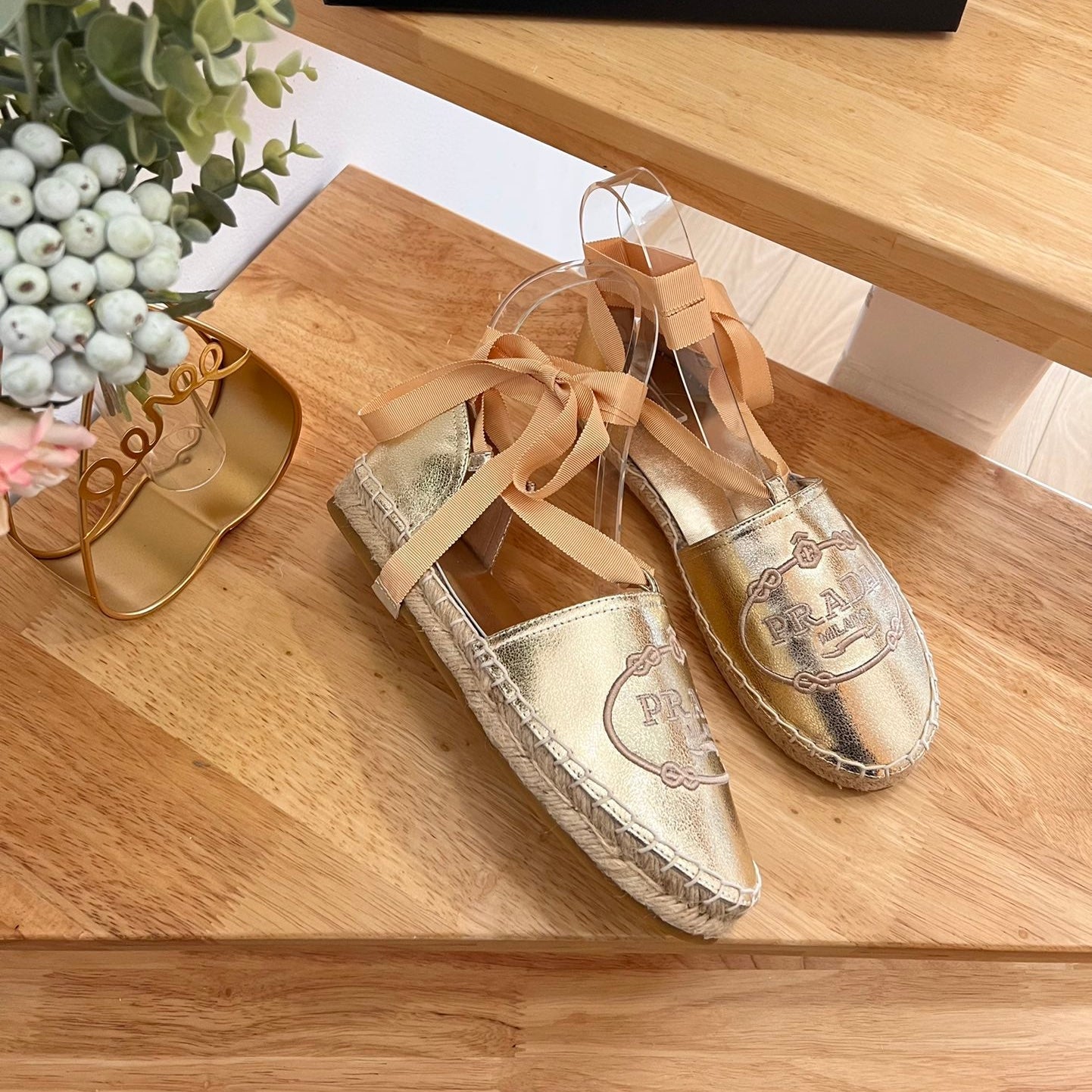 PRADA 26S LACE UP ESPADRILLE FLATS IN GOLD CALFSKIN