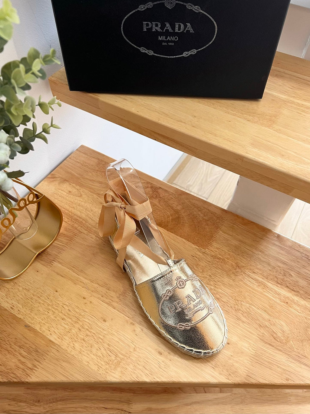 PRADA 26S LACE UP ESPADRILLE FLATS IN GOLD CALFSKIN