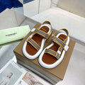 BURBERRY 26S STRAP FLAT SANDALS IN CARAMEL BROWN AND WHITE CALFSKIN AND FABRIC