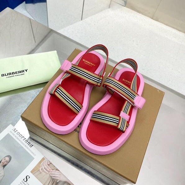 BURBERRY 26S STRAP FLAT SANDALS IN PINK AND RED CALFSKIN AND FABRIC