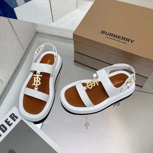 BURBERRY 26S STRAP SANDALS IN WHITE AND CARAMEL BROWN CALFSKIN