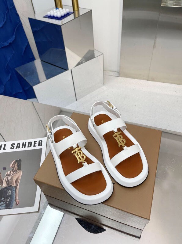 BURBERRY 26S STRAP SANDALS IN WHITE AND CARAMEL BROWN CALFSKIN