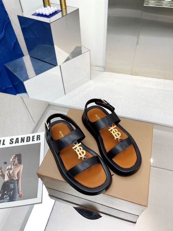 BURBERRY 26S STRAP SANDALS IN BLACK AND CARAMEL BROWN CALFSKIN