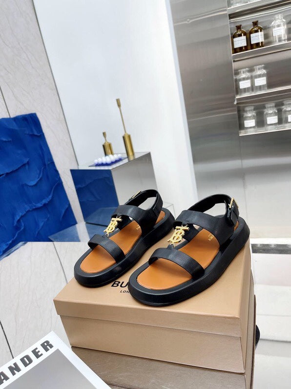 BURBERRY 26S STRAP SANDALS IN BLACK AND CARAMEL BROWN CALFSKIN