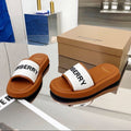 BURBERRY 26S SLIDE SANDALS IN CARAMEL BROWN CALFSKIN AND WHITE FABRIC