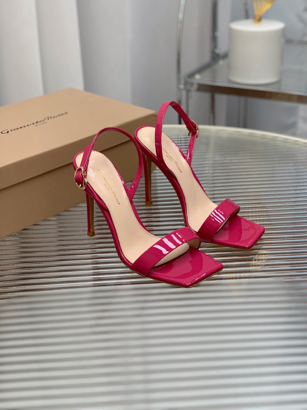 GIANVITO ROSSI 26S RIBBON HEELS 105 MM IN DARK PINK PATENT LAMBSKIN