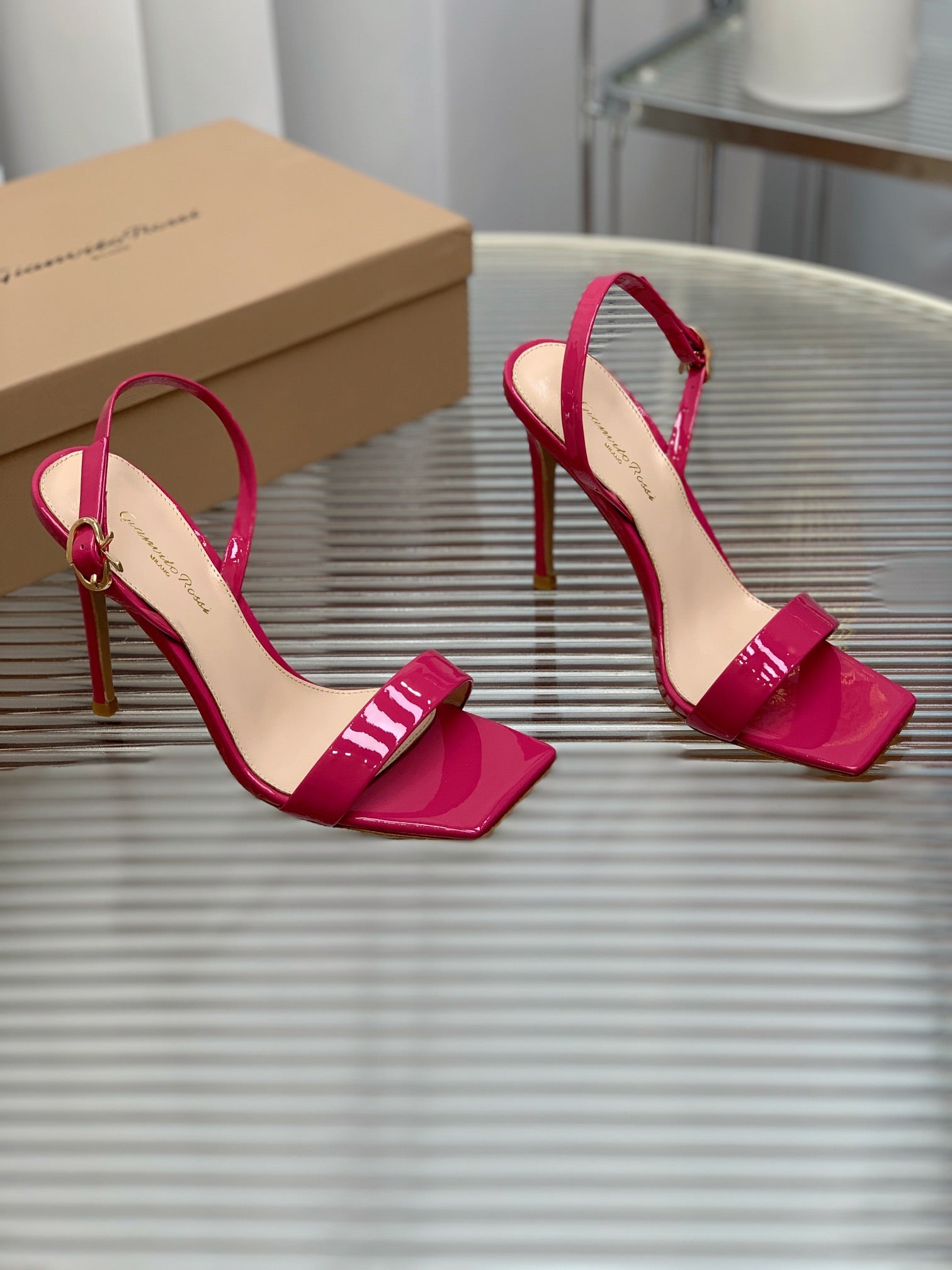GIANVITO ROSSI 26S RIBBON HEELS 105 MM IN DARK PINK PATENT LAMBSKIN