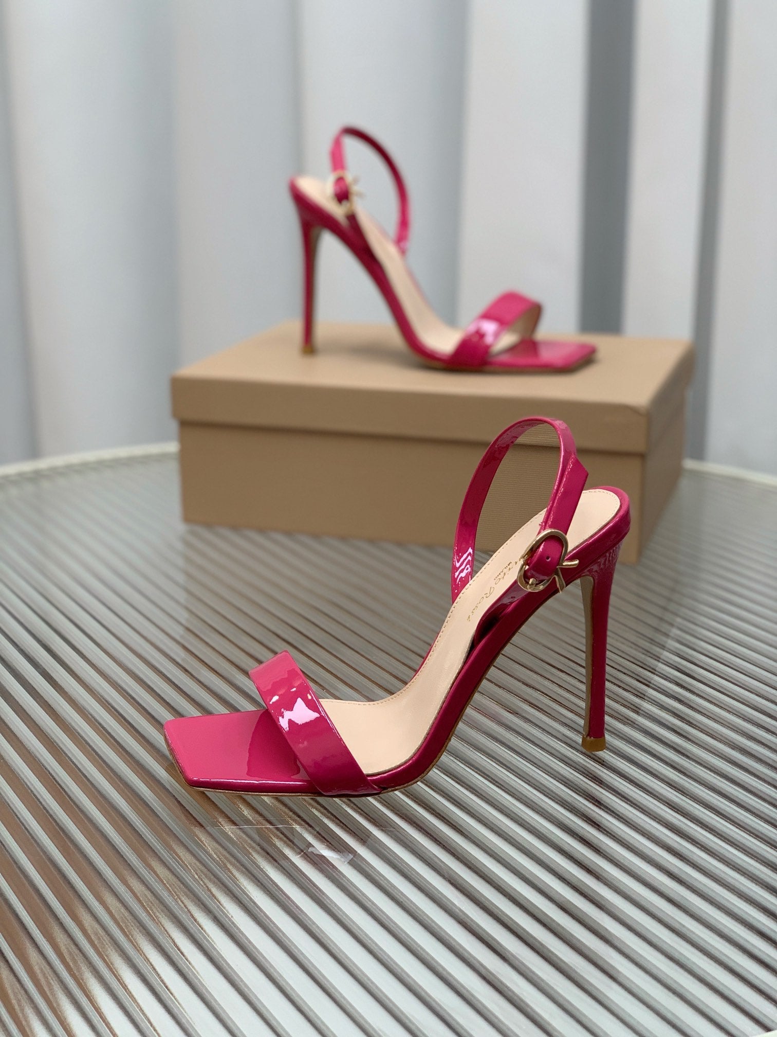 GIANVITO ROSSI 26S RIBBON HEELS 105 MM IN DARK PINK PATENT LAMBSKIN